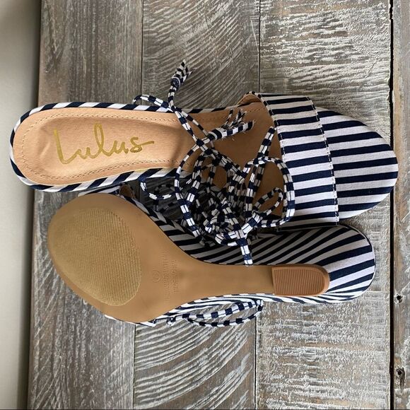 Nwob- LULU’S -Lindzee Blue Stripe Lace-Up Wedges (Size:7.5) - Picture 5 of 9